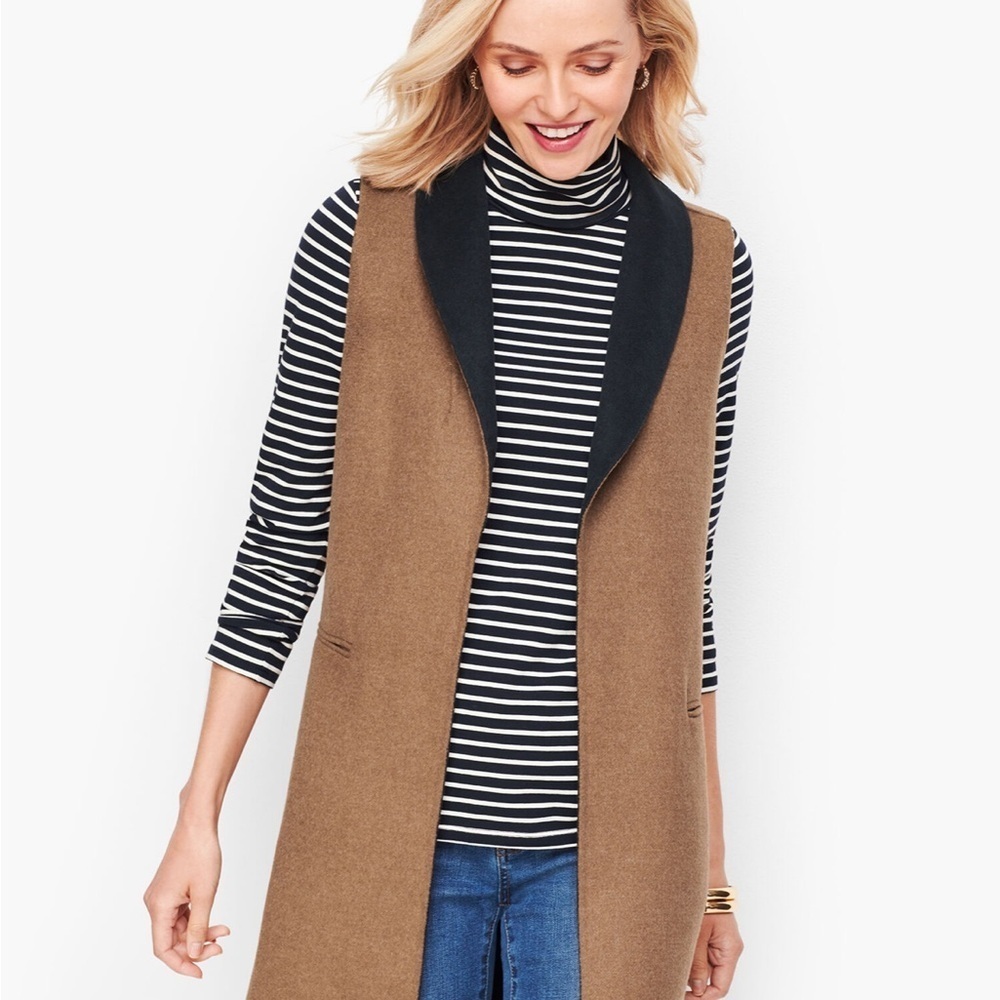 Talbots Long Vest Women’s Small Brown Double Faced Open Shawl Collar Wool Blend